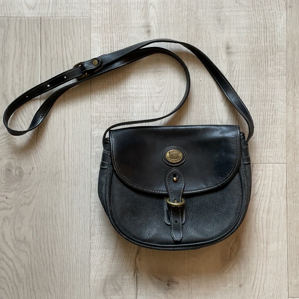 VINTAGE Mark Cross Made in Italy Camel Leather Black Suede Flap Handbag Bag